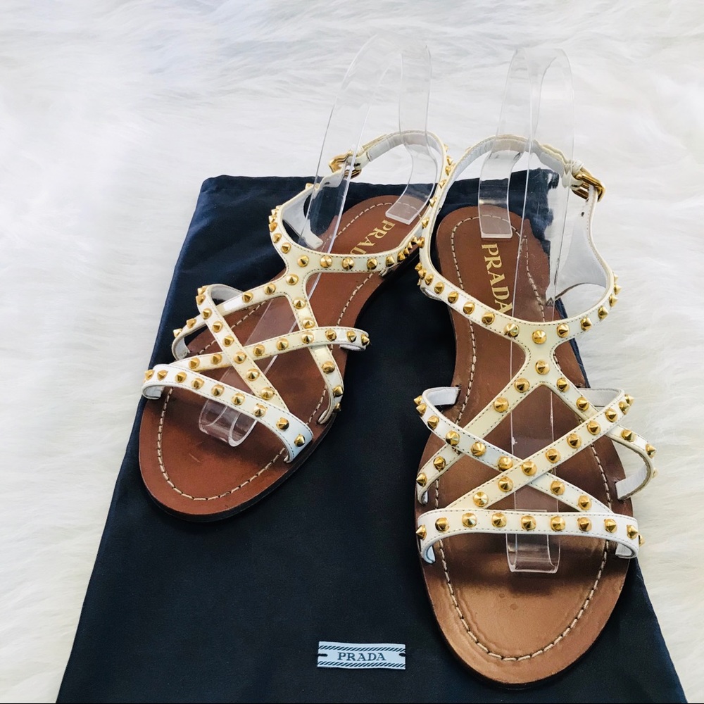 PRADA Strappy Flat Sandals White with Gold Studs